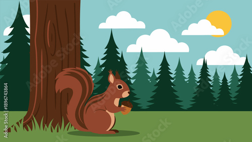 Vector illustration of a squirrel eating under a tree in a forest landscape
