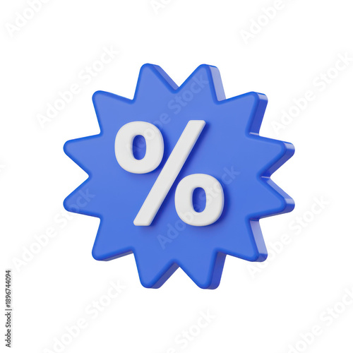 3d blue starburst icon with white percentage sign isolated on transparent background