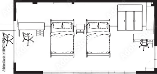 A minimalist top-down illustration of a bedroom, featuring two beds, desks, and storage. 