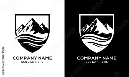 Mountain and River Shield Emblem Logo Design.