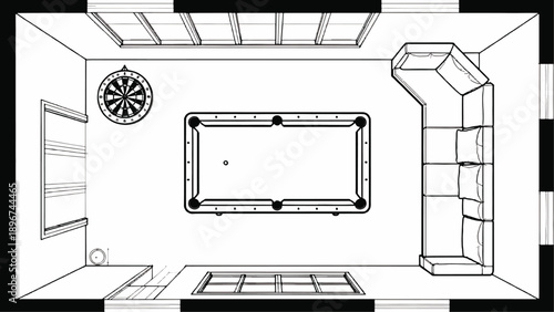 An overhead architectural illustration, showcasing the layout of a room with leisure facilities. 