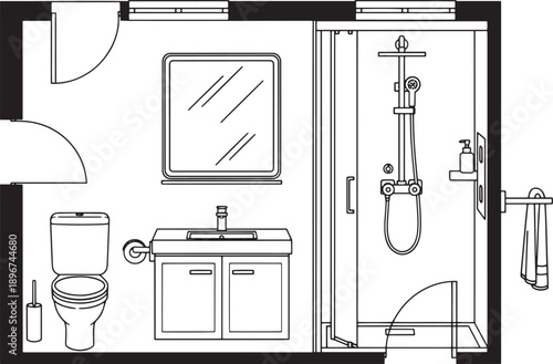 A detailed top-down line art illustration of a modern bathroom layout, showcasing essential elements and minimalist design.