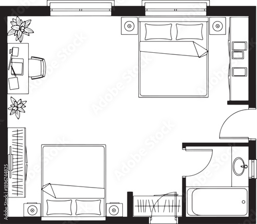 Architectural blueprint of a modern bedroom, showcasing furniture placement and design elements.
