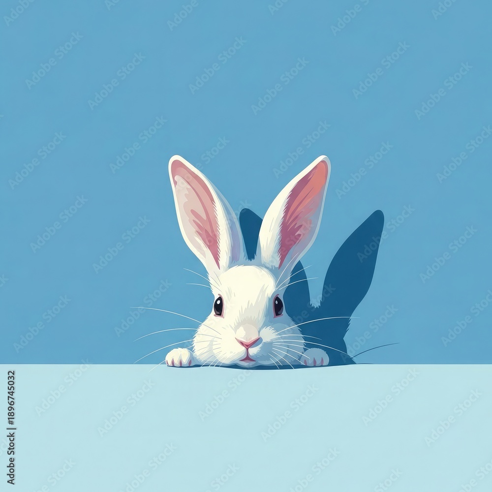 Obraz premium Easter sunday white bunny peeking out on blue background symbolizing spring and new life