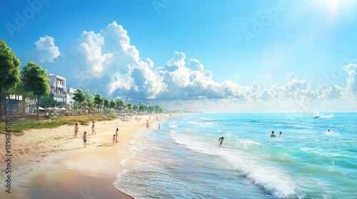 Coastal town seaside scene with people relaxing on the beach
