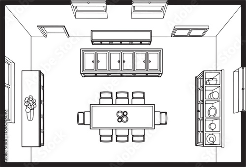 Elegant top-down view of a spacious dining room, perfectly illustrating the seamless flow of furniture arrangement.