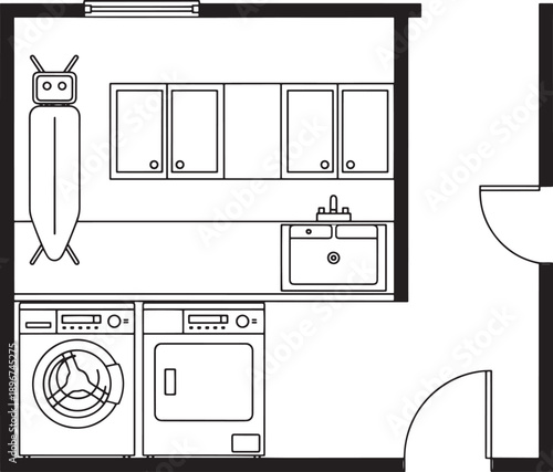 Laundry Room Layout: A top-down illustration of a modern laundry room design, featuring essential appliances and fixtures.