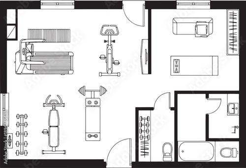 Top view of an open floor plan features a well-equipped home gym, and private spa.  A clear layout to showcase the functional design.