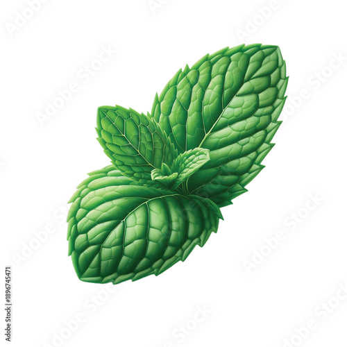 Vibrant green mint leaves with detailed texture against a clean white background, symbolizing freshness and natural aroma.
