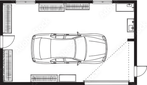 A detailed illustration of a garage layout, showcasing the placement of a car and storage within a domestic space, the top view gives a clear perspective on organization and design. 