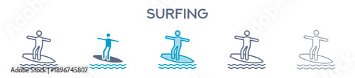 Surfing Element For Design Graphic - Multi Styles. Line Icons For Water Sports And Summer Activities 