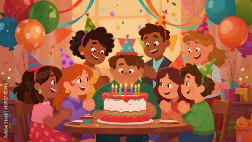 A happy family gathers around a birthday cake, smiling and celebrating together in a warm and festive atmosphere.