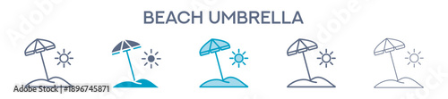 Beach Umbrella Element For Design Graphic - Multi Styles. Line Icons For Summer Vacation And Resort 