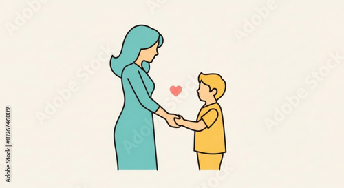 Mother and Son Holding Hands with Love Heart Symbol