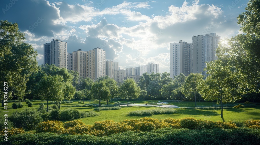 Fototapeta premium Urban oasis verdant park with modern buildings under a bright, cloudy sky