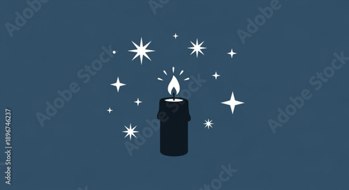 Lit Candle with Sparkling Stars on Dark Blue Background