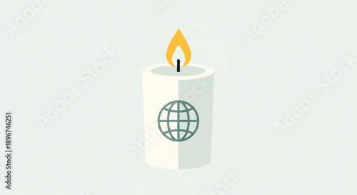 Lit Candle with Globe Symbol on White Background