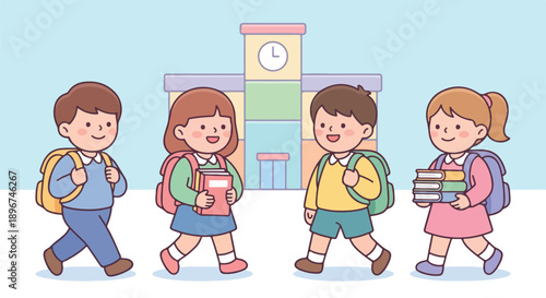 Children walking to school on a bright day with backpacks and books