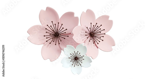 Pink and white cherry blossoms with dark brown stamens on white background