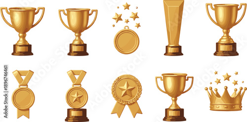 Golden Awards and Trophy Illustration Set with Medals, Cups, Crowns, and Achievement Symbols for Winners, Competitions, and Success Designs