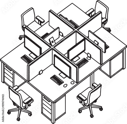 A Modern cubicle office, is designed for efficient, collaborative work. Clean lines and functional elements highlight the workspace layout. 