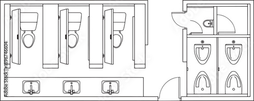 A clean and efficient public restroom layout featuring stalls, urinals, and sinks. Perfect for architectural design or facility management.