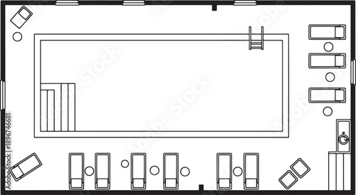 Blueprint of a Relaxing Resort: A detailed architectural blueprint showcases the layout of a luxurious resort, centered around a large swimming pool. Sunbeds arranged around the pool for relaxation.