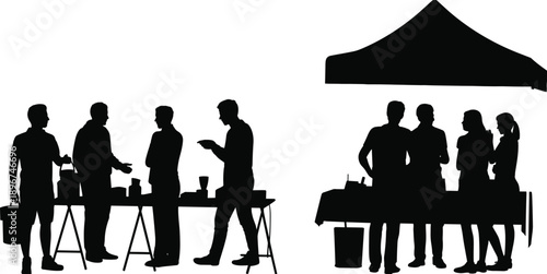Outdoor market silhouettes, people buying and selling at community fair stalls, local retail lifestyle activity, elegant black vector illustration for adobe stock use