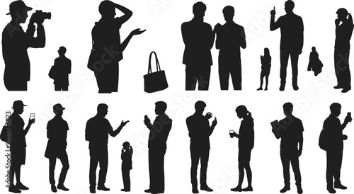People silhouette vector illustration set showing modern lifestyle activities, smartphone usage, photography, communication and standing poses, isolated black human figures for design use