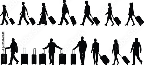 People walking with suitcases silhouette vector illustration set, travelers and business passengers pulling luggage, airport journey and modern travel lifestyle concept isolated