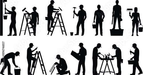 Painter and handyman worker silhouettes using ladders, buckets and tools, home renovation and maintenance activities, black vector illustration set isolated on white