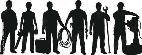 Professional industrial worker silhouettes holding tools and equipment, construction, maintenance and engineering teamwork concept, black vector illustration isolated on white background