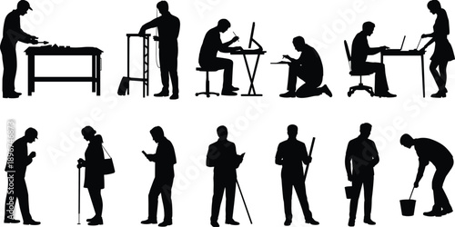 People working silhouettes set, office workers technicians and laborers activities, professional occupations collection, daily work scenes, black vector illustration