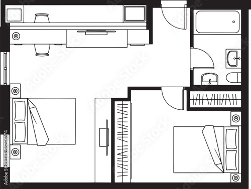 A detailed architectural blueprint unveils a functional apartment plan, meticulously illustrating each room's layout for optimal space utilization.
