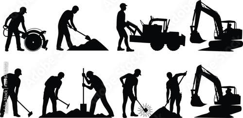 Road construction worker silhouettes with heavy machinery, cutting, digging and shoveling actions, black flat vector illustration set for industrial construction projects