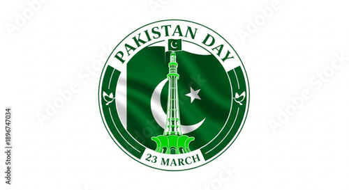 Pakistan day logo with crescent moon star and minaret on green and white background symbolizing national pride and celebration on march 23