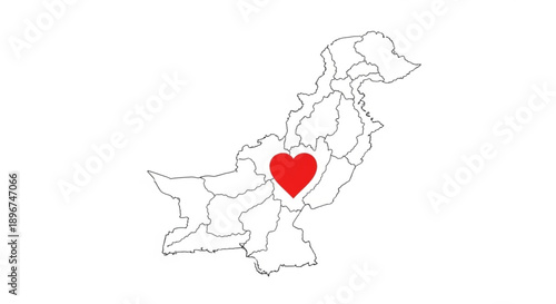 Pakistan map with red heart symbol on central region love and care concept