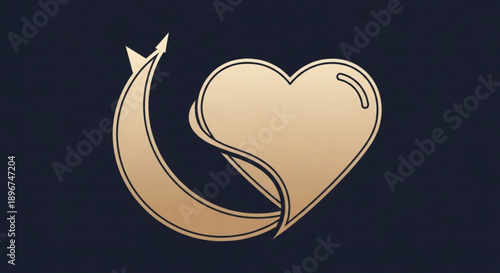 Golden heart symbol with crescent moon on dark background love and passion icon