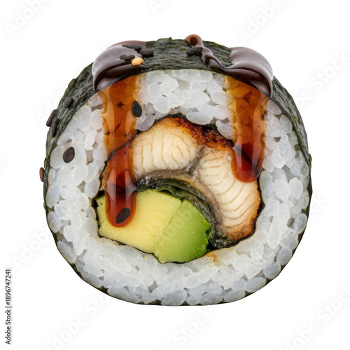 Sushi eel avocado rice seaweed closeup roll japanese cuisine sauce Sushi eel avocado rice