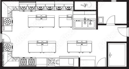 A meticulously designed and expertly executed professional kitchen layout. Highlighting the precise placement of equipment, showcasing functionality. 