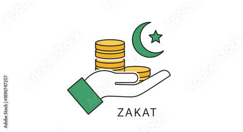 Islamic charity concept with hand holding coins and crescent moon symbolizing zakat or sadaqah donation for ramadan and eid al fitr