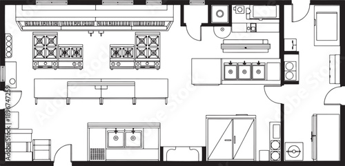 An overhead view of a modern kitchen floor plan, meticulously designed with sleek stainless steel appliances, creating a functional and stylish cooking space.
