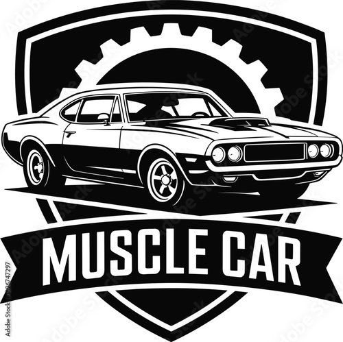 Classic American muscle car emblem with vintage coupe silhouette on a shield background for automotive workshop garage club and enthusiast vector