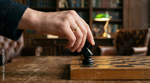 Close-up of a woman's hand firmly placing a chess piece on a board.