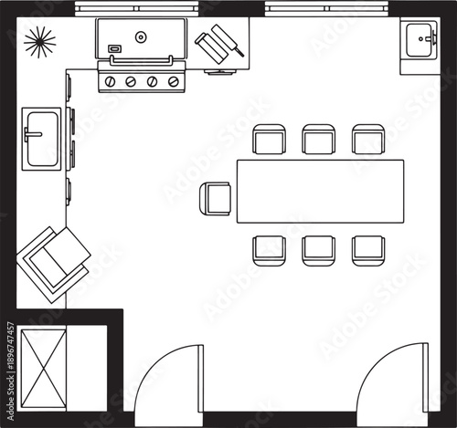 An illustrated, top-down perspective of a contemporary kitchen and dining area, demonstrating functional design and spatial organization.