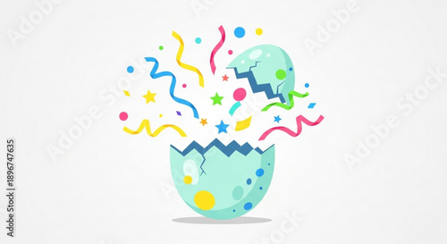 Colorful easter egg exploding with confetti and streamers on white background symbolizing celebration and celebration