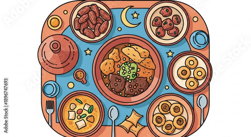 Colorful illustration of a traditional middle eastern or south asian feast with various dishes and utensils on a blue and orange plate with a crescent moon and stars