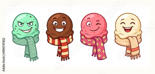 Ice Cream Characters in Scarf: A collection of charming ice cream characters, each adorned with a unique scarf and expressing distinct emotions, creating a delightful and whimsical scene.