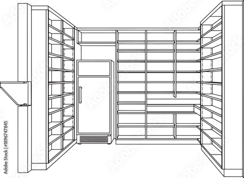 An empty room with shelving and a cabinet, possibly a storage or archive space, clean and minimalist.