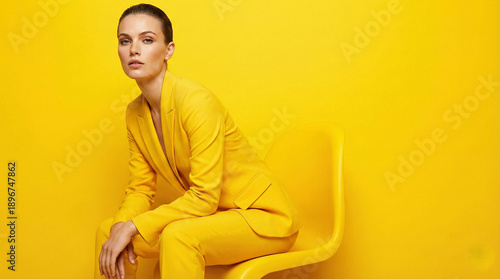 Woman wearing a bright yellow suit sitting on a bright yellow chair against a bright yellow wall.